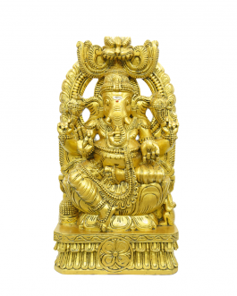 wood Ganesh Sitting Statue (Gold Antique Look Painting) Large