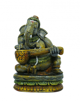 Wood Musical Ganesha With Veenai Multicolor Antique Look Painting