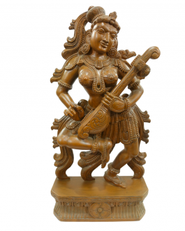 Wood Apsara Lady With Veenai Large (Teek Wood Polish)