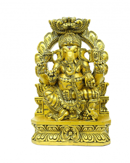 wood Arch Model Ganesh Sitting Statue (Gold Antique Look Painting)