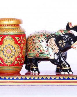 Wood Elephant With Penstand  Painted